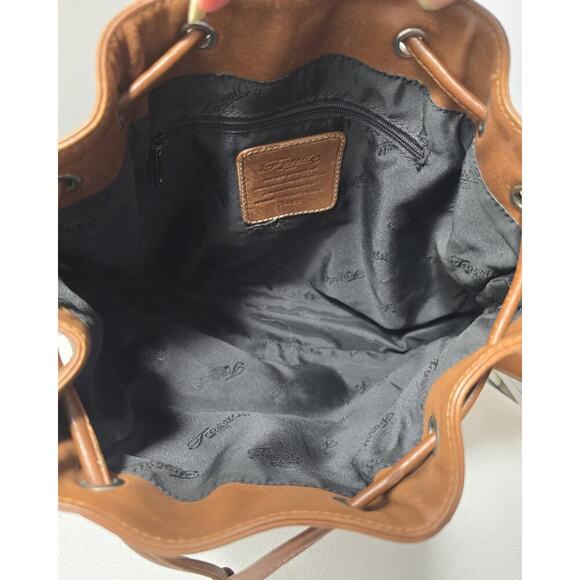 Vintage FOSSIL Brown British Tan Leather Shoulder Drawstring Bucket Bag - Picture 11 of 14